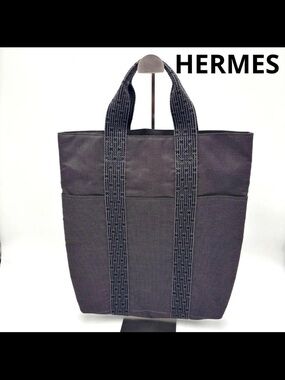 HERMES Black Canvas Vertical Tote with Logo Webbing Handles